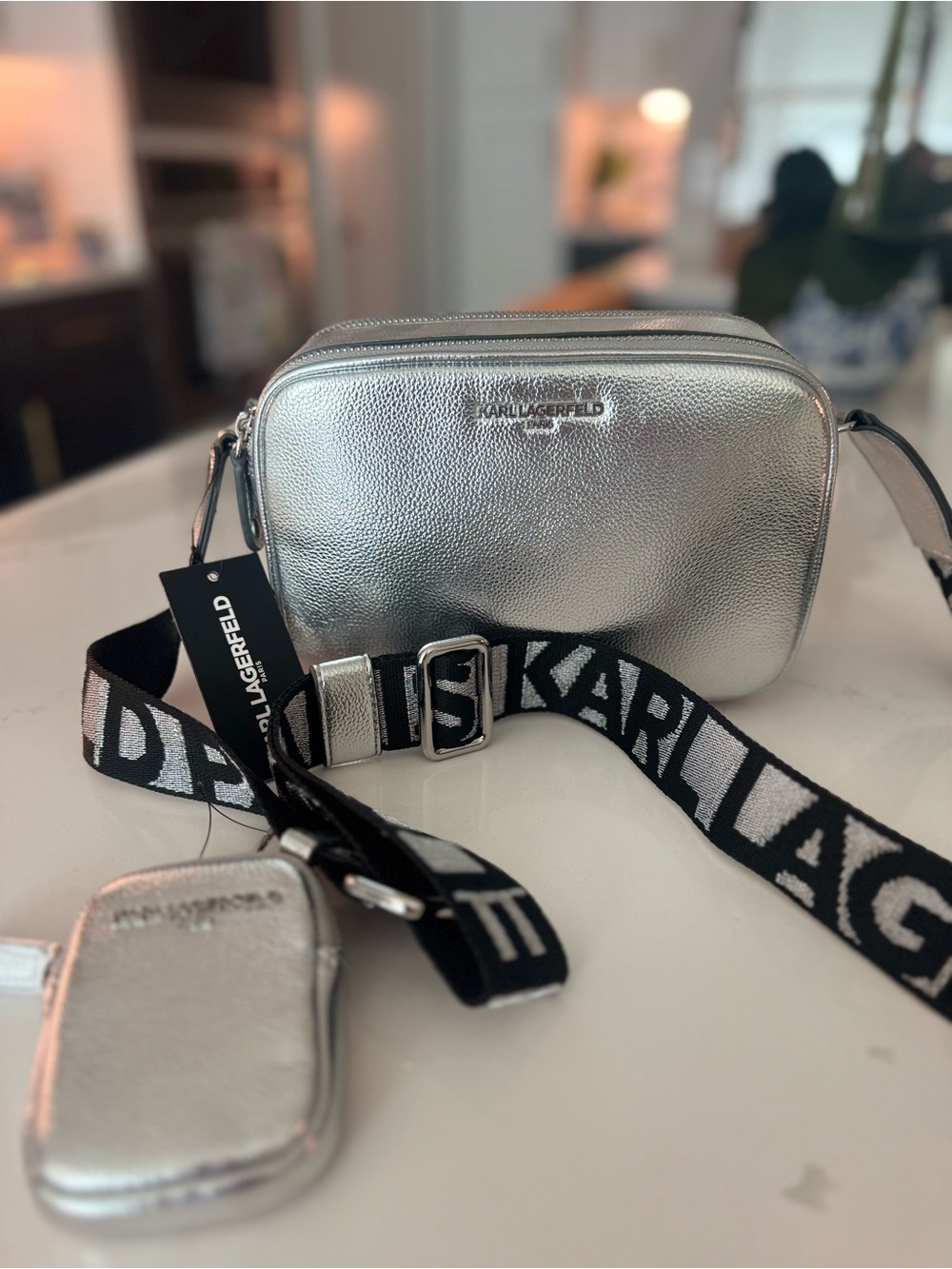 Karl Lagerfeld | Metallic Silver Leather | Camera Crossbody